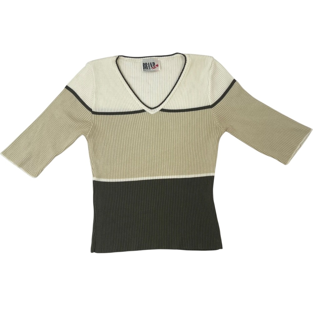 Y2K VTG Women's Half Sleeve Sweater Top Brown Colorblock Form Fitting USA Made S